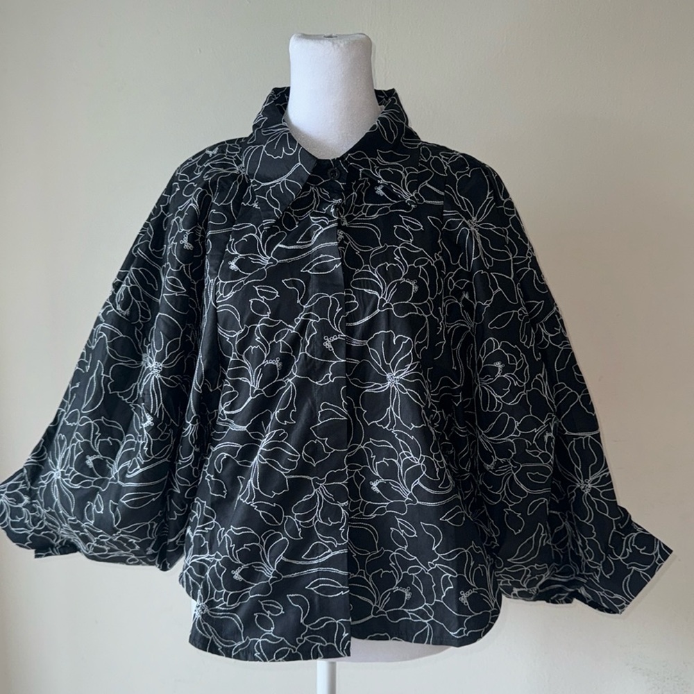 Button Down  Blouson Sleeve Blouse